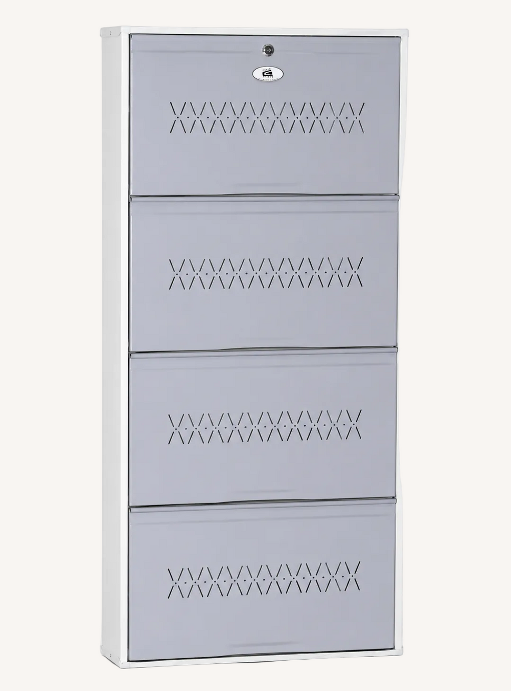 Shoe Cave 4-Door Metal Shoe Rack Cabinet | Grey & White | Lockable Shoe Organizer | Space Saving Shoe Storage Cabinet | Stores 12-16 Pairs