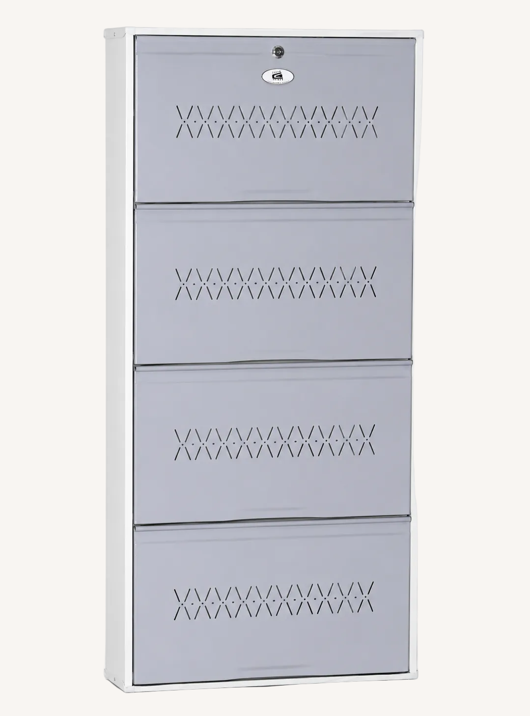 Shoe Cave 4-Door Metal Shoe Rack Cabinet | Grey & White | Lockable Shoe Organizer | Space Saving Shoe Storage Cabinet | Stores 12-16 Pairs