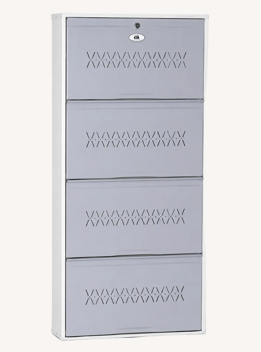 Shoe Cave 4-Door Metal Shoe Rack Cabinet | Grey & White | Lockable Shoe Organizer | Space Saving Shoe Storage Cabinet | Stores 12-16 Pairs