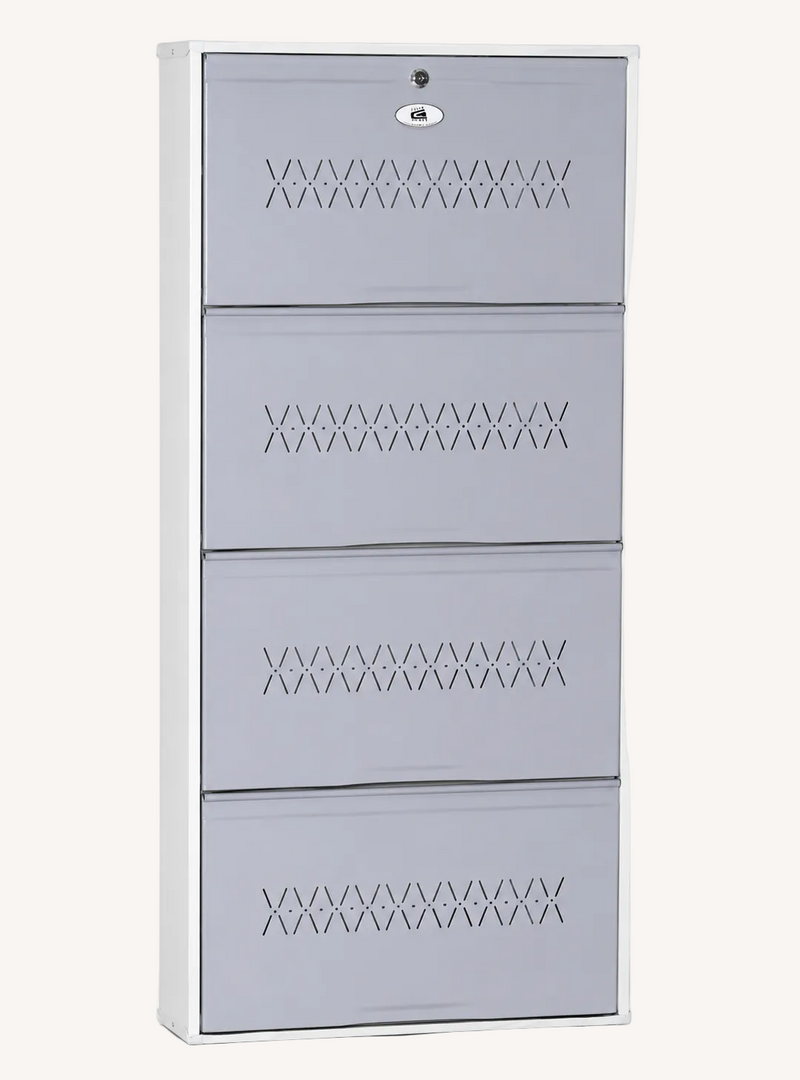 Shoe Cave 4-Door Metal Shoe Rack Cabinet | Grey & White | Lockable Shoe Organizer | Space Saving Shoe Storage Cabinet | Stores 12-16 Pairs