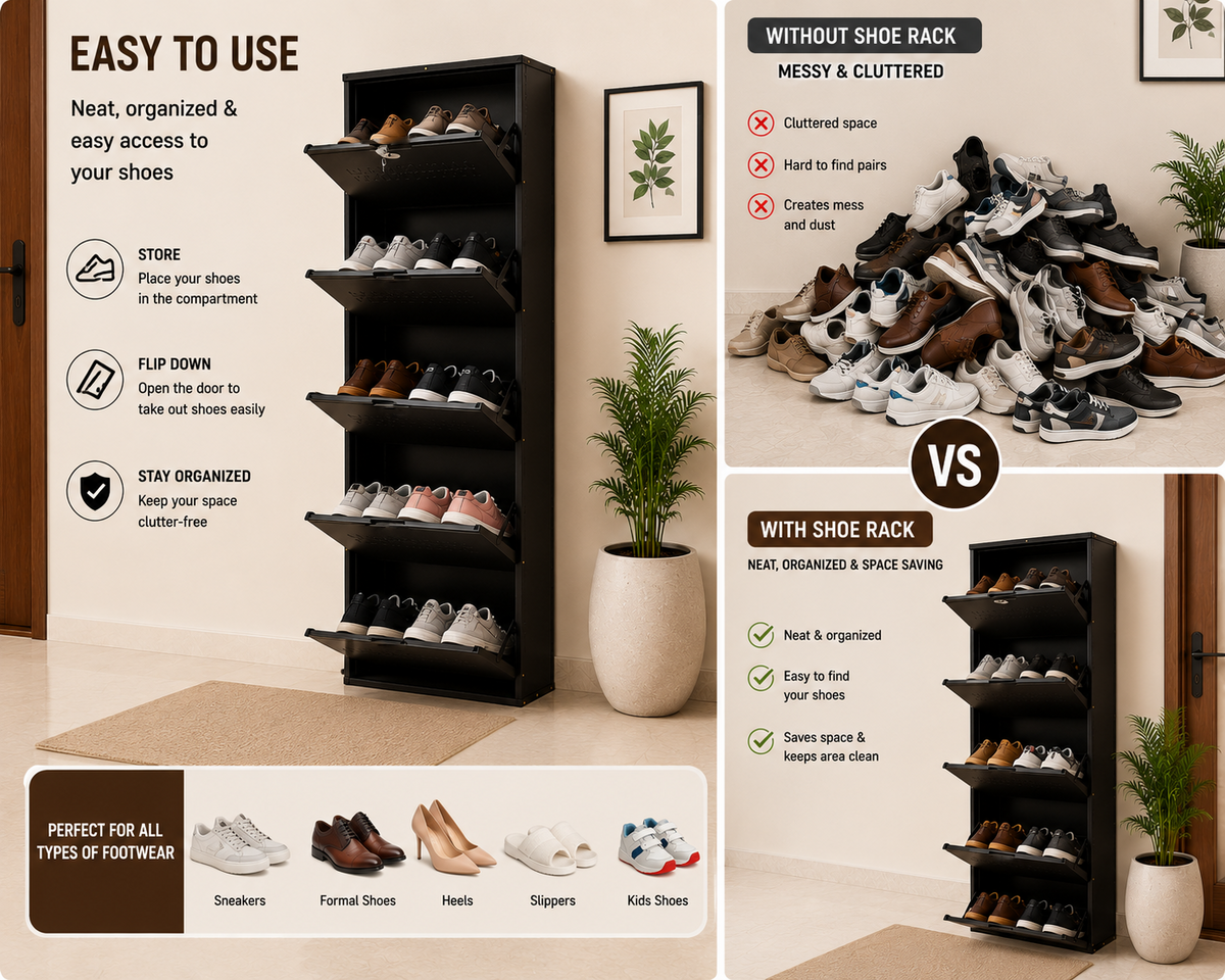 Shoe Cave 5-Door Metal Shoe Rack Cabinet | Coffee Brown | Lockable Shoe Organizer | Space Saving Shoe Storage Cabinet | Stores 15-20 Pairs