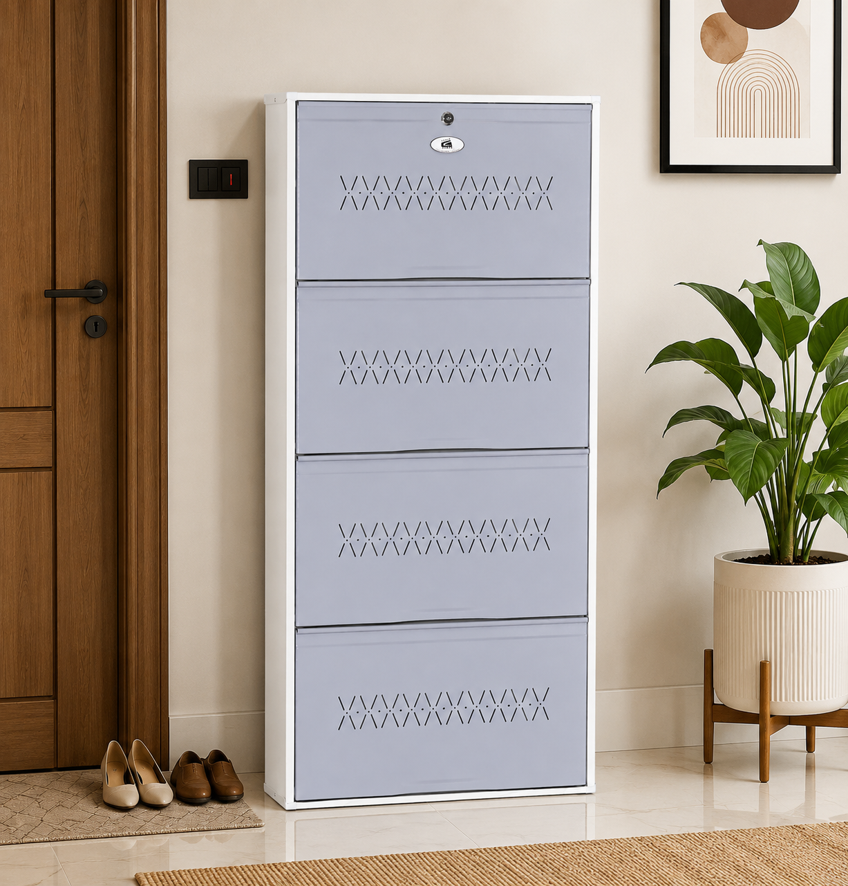 Shoe Cave 4-Door Metal Shoe Rack Cabinet | Grey & White | Lockable Shoe Organizer | Space Saving Shoe Storage Cabinet | Stores 12-16 Pairs