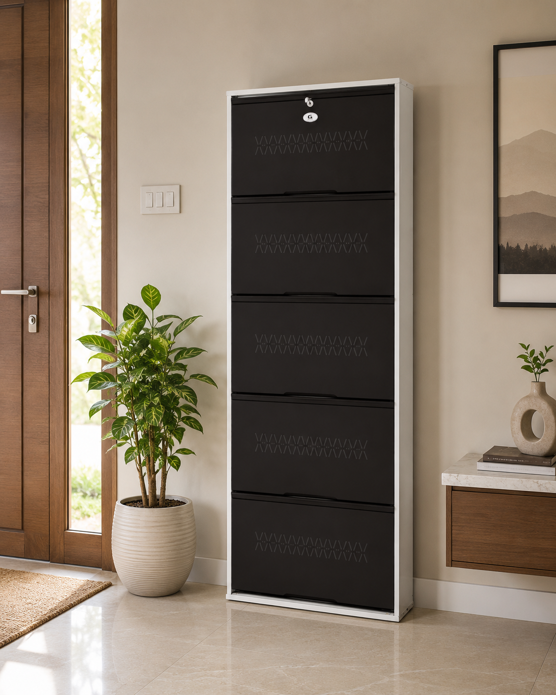 Shoe Cave 5-Door Metal Shoe Rack Cabinet | Black & White | Lockable Shoe Organizer | Space Saving Shoe Storage Cabinet | Stores 15-20 Pairs
