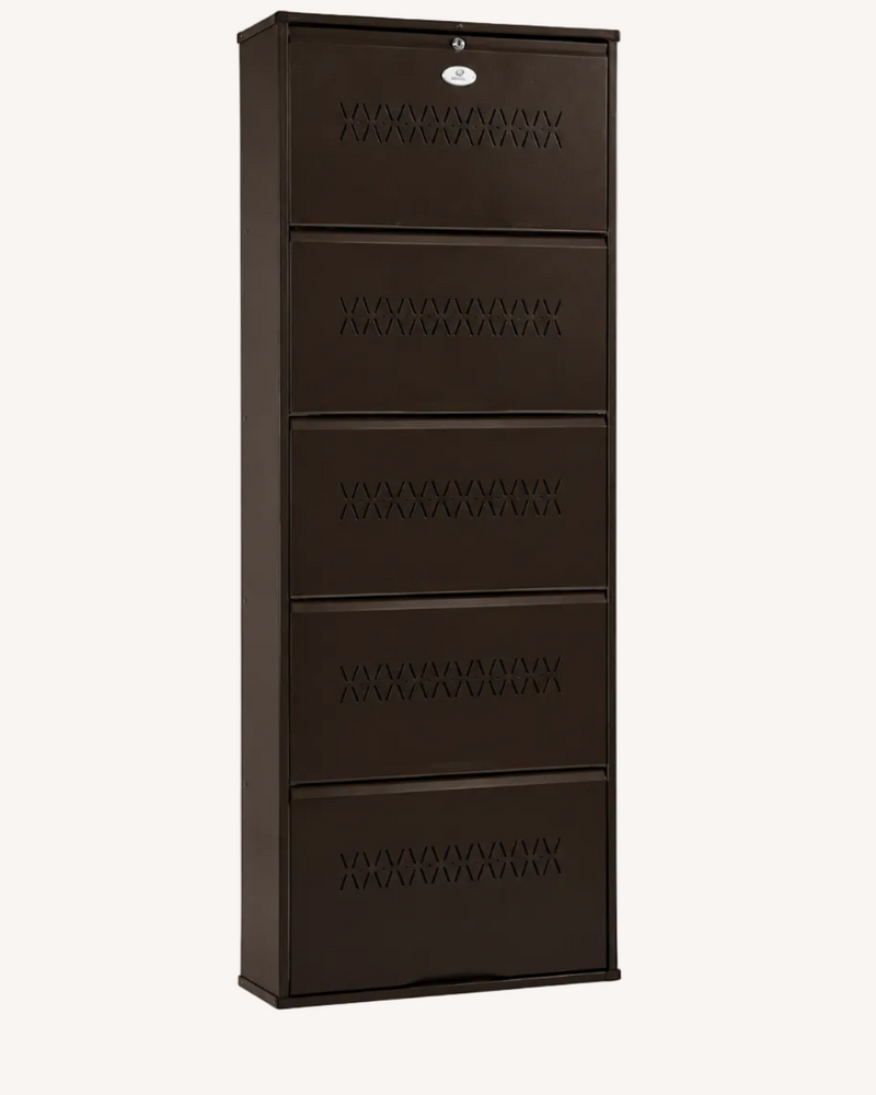 Shoe Cave 5-Door Metal Shoe Rack Cabinet | Coffee Brown | Lockable Shoe Organizer | Space Saving Shoe Storage Cabinet | Stores 15-20 Pairs