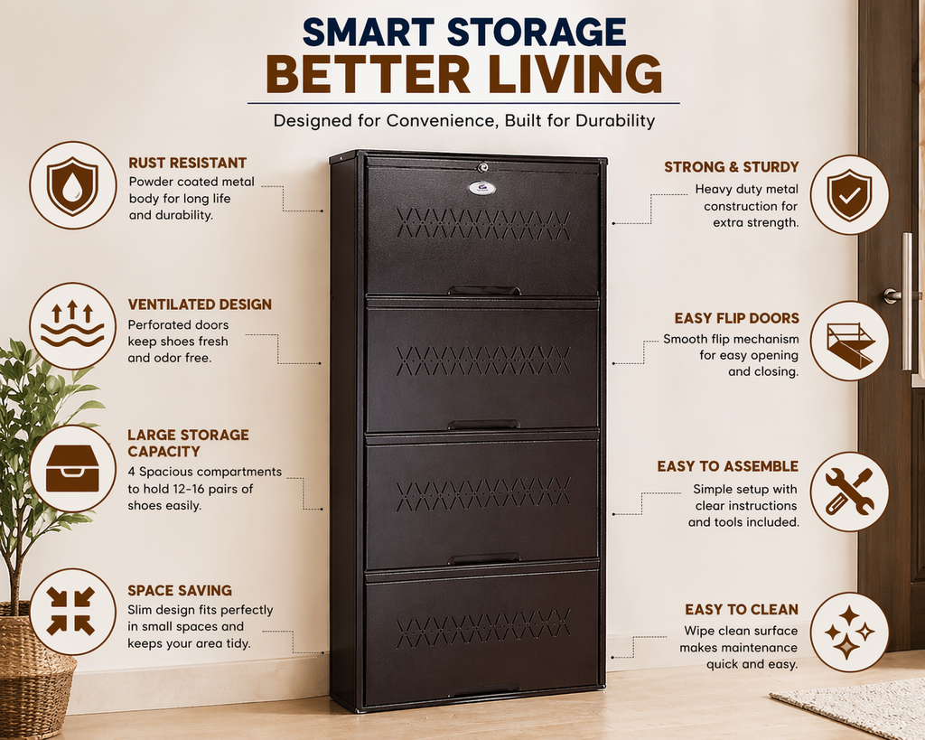 Shoe Cave 4-Door Metal Shoe Rack Cabinet | Coffee Brown | Lockable Shoe Organizer | Space Saving Shoe Storage Cabinet | Stores 12-16 Pairs