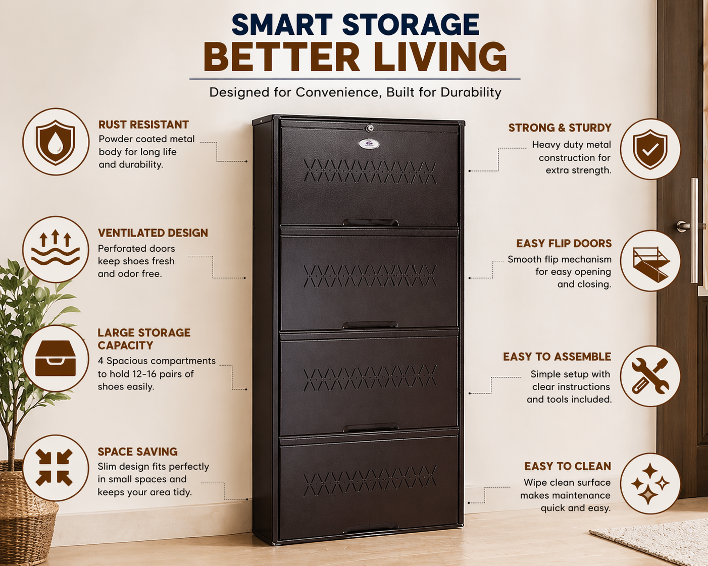 Shoe Cave 4-Door Metal Shoe Rack Cabinet | Coffee Brown | Lockable Shoe Organizer | Space Saving Shoe Storage Cabinet | Stores 12-16 Pairs