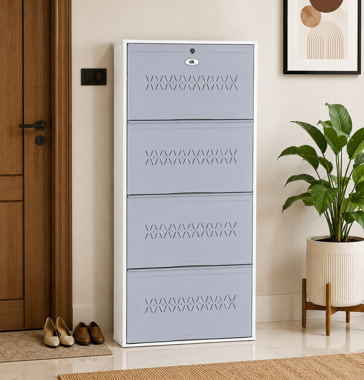 Shoe Cave 4-Door Metal Shoe Rack Cabinet | Grey & White | Lockable Shoe Organizer | Space Saving Shoe Storage Cabinet | Stores 12-16 Pairs