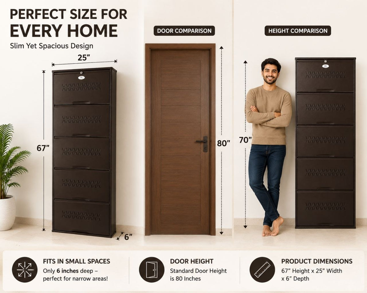 Shoe Cave 5-Door Metal Shoe Rack Cabinet | Coffee Brown | Lockable Shoe Organizer | Space Saving Shoe Storage Cabinet | Stores 15-20 Pairs
