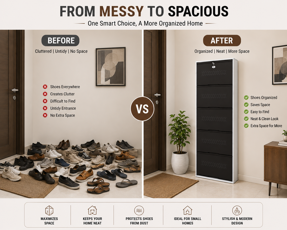 Shoe Cave 5-Door Metal Shoe Rack Cabinet | Black & White | Lockable Shoe Organizer | Space Saving Shoe Storage Cabinet | Stores 15-20 Pairs