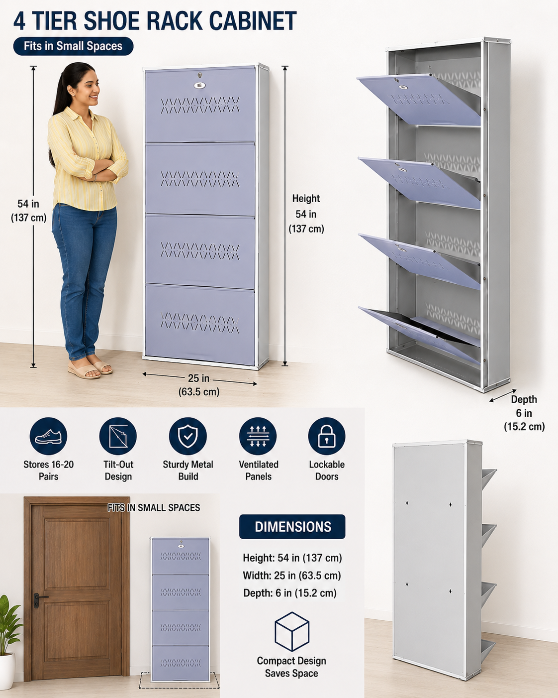 Shoe Cave 4-Door Metal Shoe Rack Cabinet | Grey & White | Lockable Shoe Organizer | Space Saving Shoe Storage Cabinet | Stores 12-16 Pairs