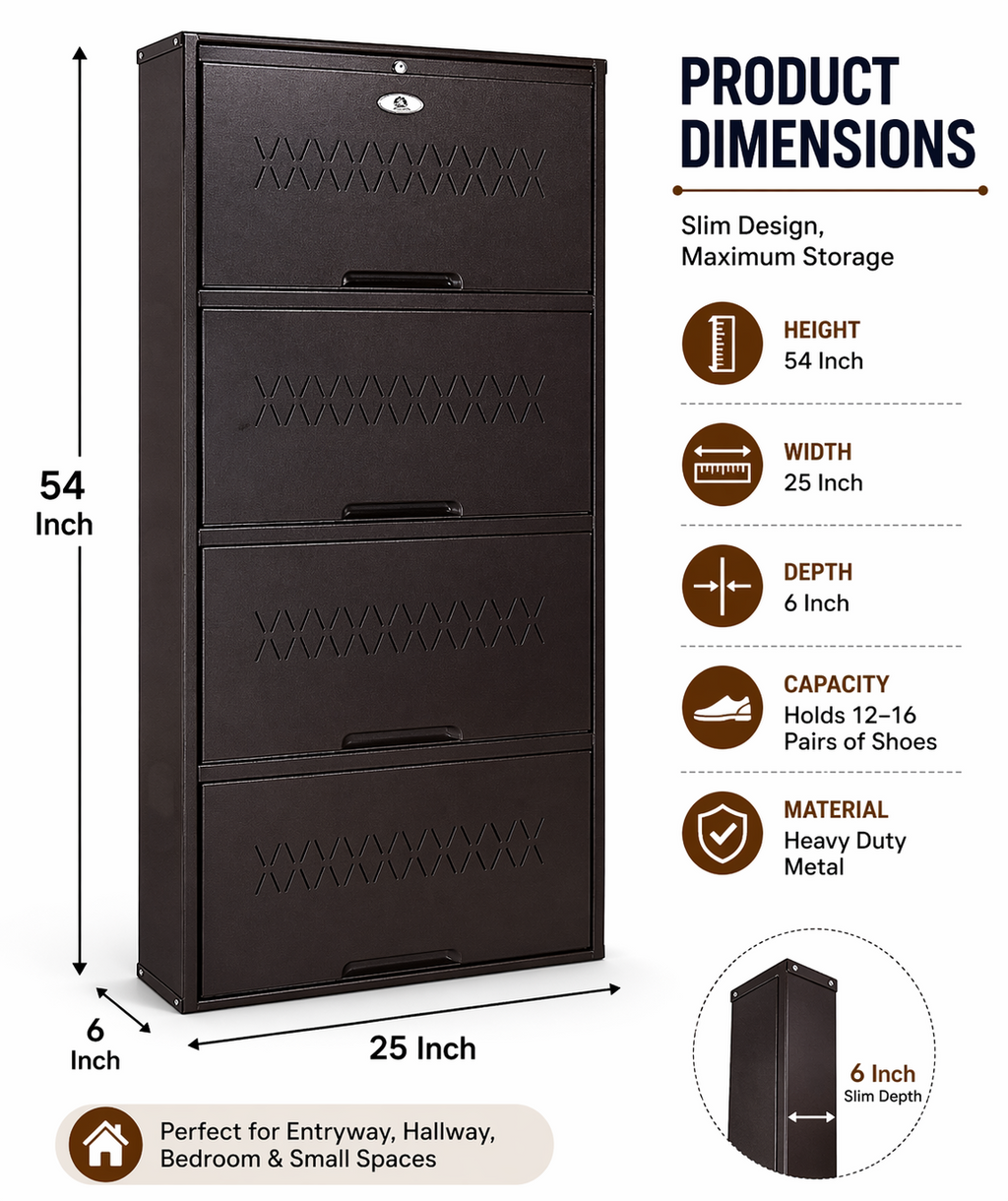 Shoe Cave 4-Door Metal Shoe Rack Cabinet | Coffee Brown | Lockable Shoe Organizer | Space Saving Shoe Storage Cabinet | Stores 12-16 Pairs