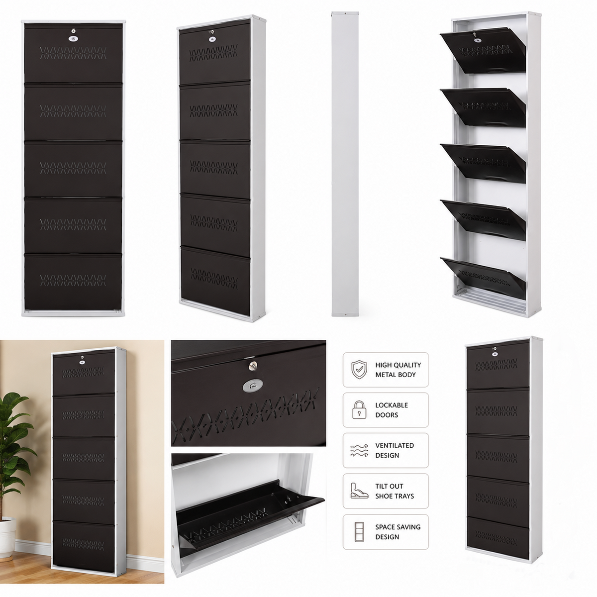 Shoe Cave 5-Door Metal Shoe Rack Cabinet | Black & White | Lockable Shoe Organizer | Space Saving Shoe Storage Cabinet | Stores 15-20 Pairs