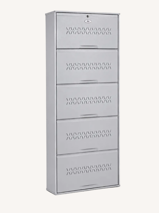 Shoe Cave 5-Door Metal Shoe Rack Cabinet | Grey & White | Lockable Shoe Organizer | Space Saving Shoe Storage Cabinet | Stores 15-20 Pairs