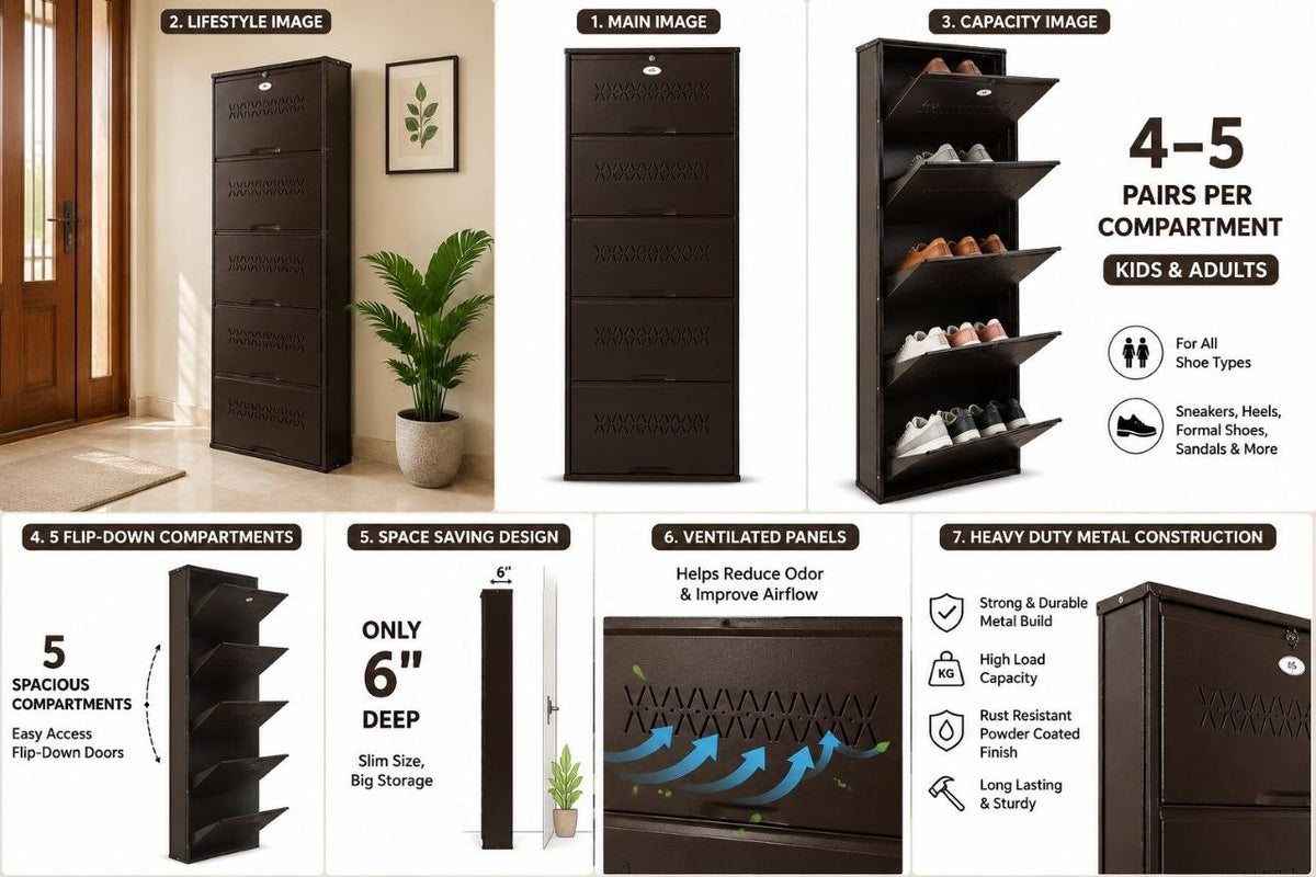 Shoe Cave 5-Door Metal Shoe Rack Cabinet | Coffee Brown | Lockable Shoe Organizer | Space Saving Shoe Storage Cabinet | Stores 15-20 Pairs