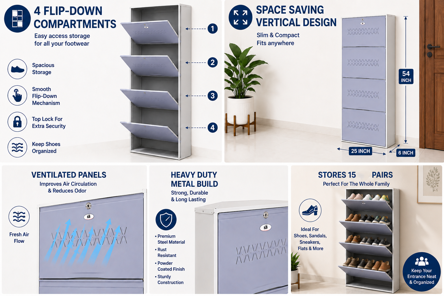 Shoe Cave 4-Door Metal Shoe Rack Cabinet | Grey & White | Lockable Shoe Organizer | Space Saving Shoe Storage Cabinet | Stores 12-16 Pairs