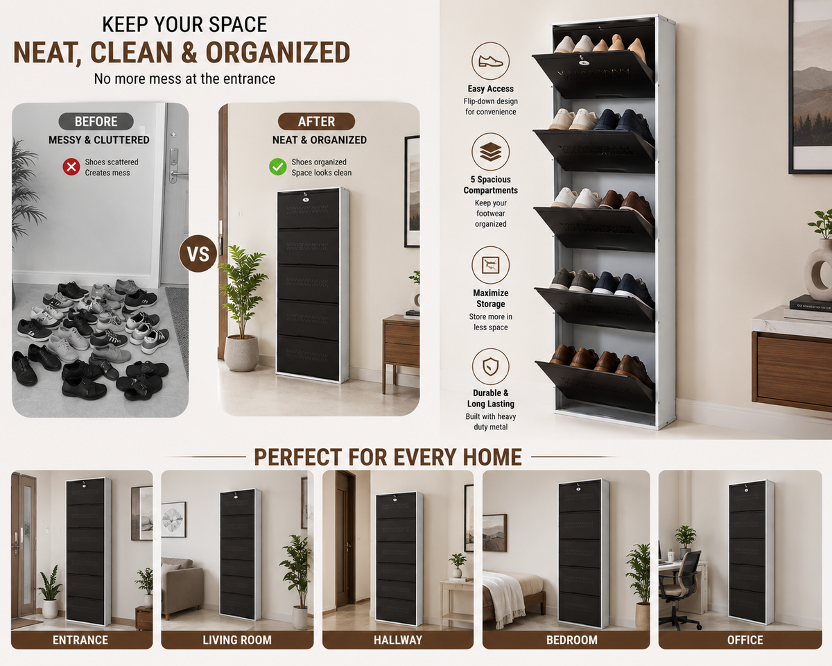 Shoe Cave 5-Door Metal Shoe Rack Cabinet | Black & White | Lockable Shoe Organizer | Space Saving Shoe Storage Cabinet | Stores 15-20 Pairs