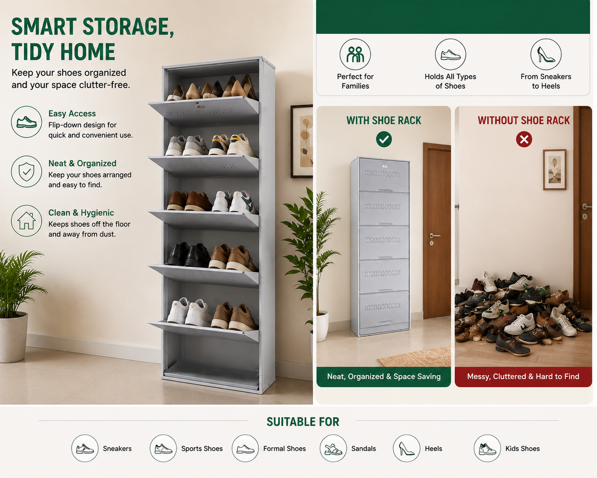 Shoe Cave 5-Door Metal Shoe Rack Cabinet | Grey & White | Lockable Shoe Organizer | Space Saving Shoe Storage Cabinet | Stores 15-20 Pairs