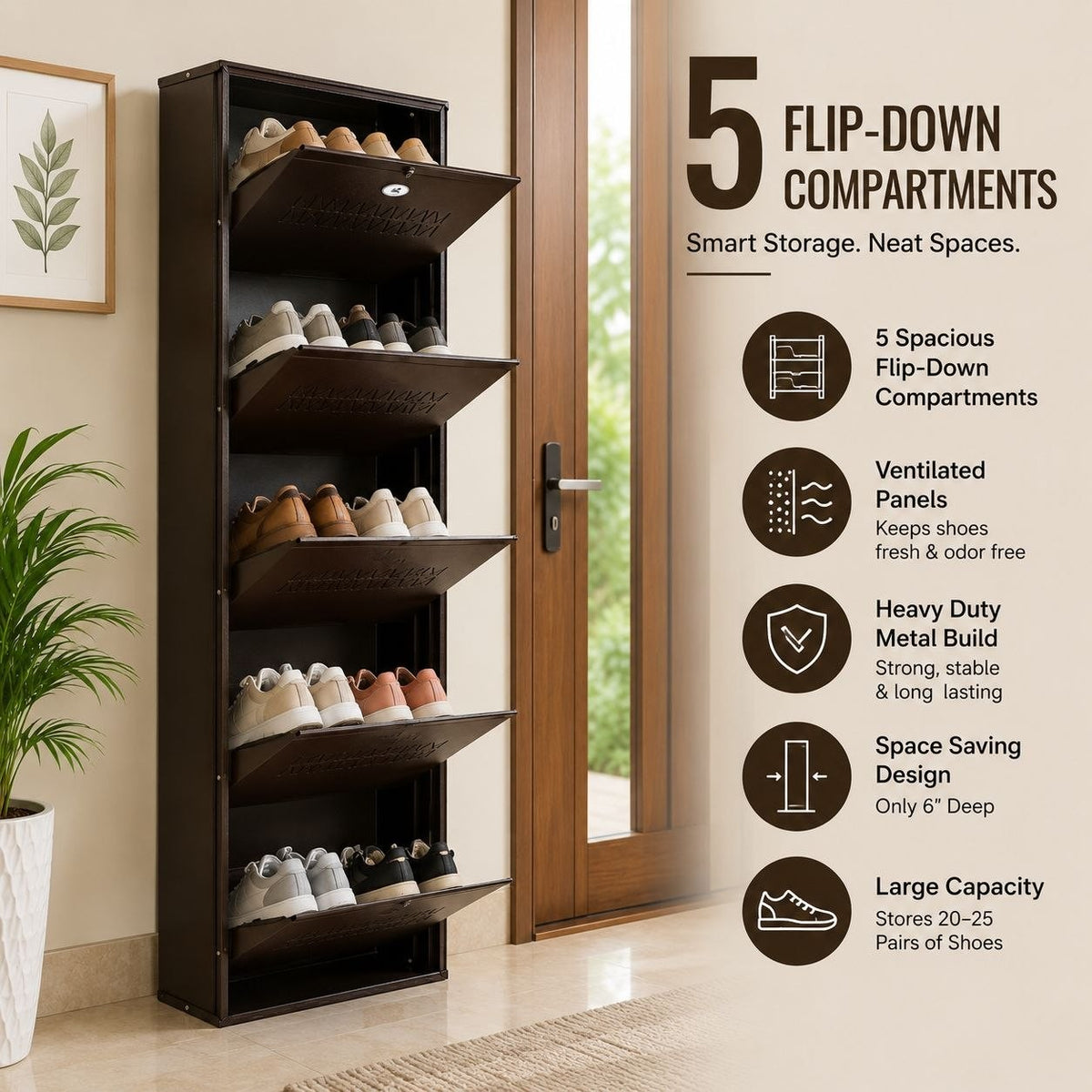 Shoe Cave 5-Door Metal Shoe Rack Cabinet | Coffee Brown | Lockable Shoe Organizer | Space Saving Shoe Storage Cabinet | Stores 15-20 Pairs