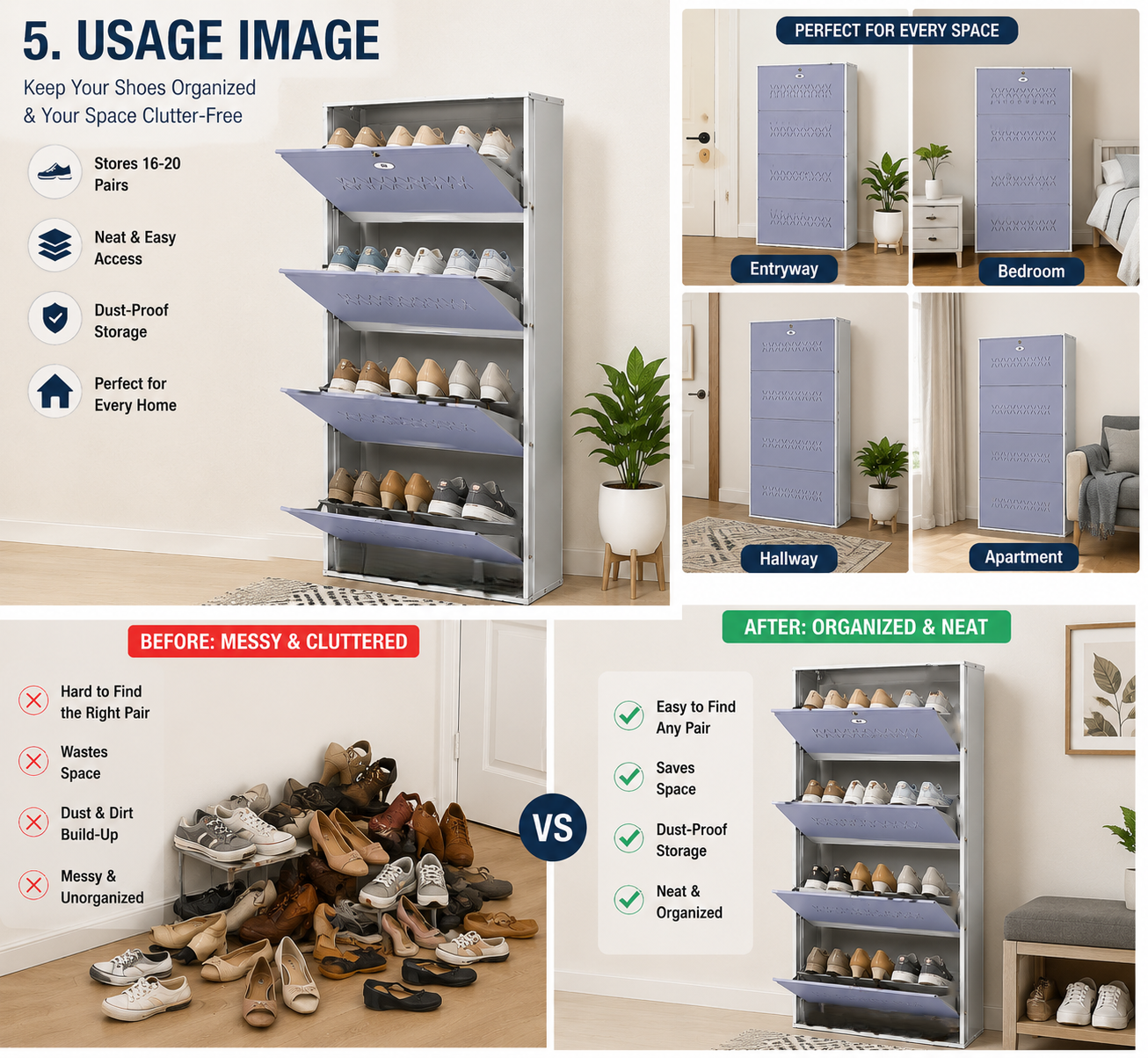 Shoe Cave 4-Door Metal Shoe Rack Cabinet | Grey & White | Lockable Shoe Organizer | Space Saving Shoe Storage Cabinet | Stores 12-16 Pairs
