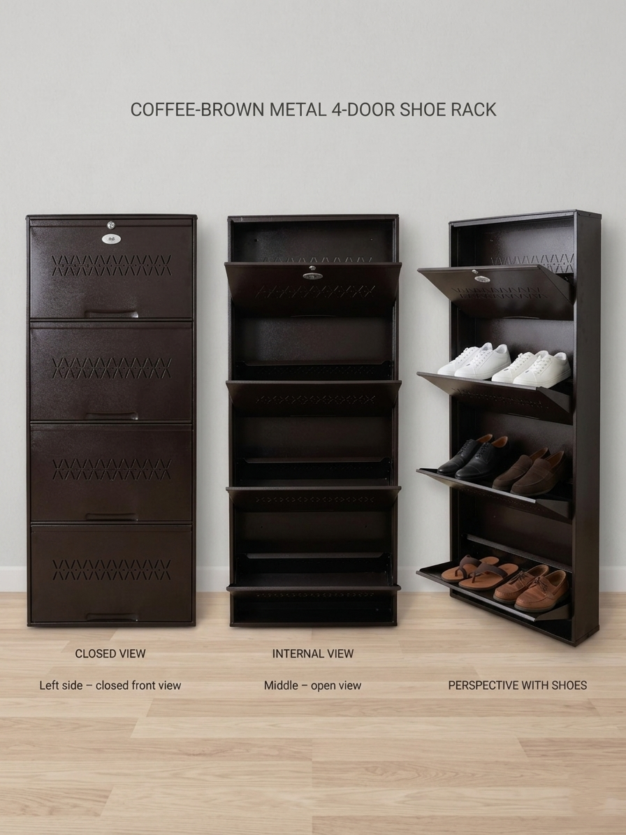 Shoe Cave 4-Door Metal Shoe Rack Cabinet | Coffee Brown | Lockable Shoe Organizer | Space Saving Shoe Storage Cabinet | Stores 12-16 Pairs
