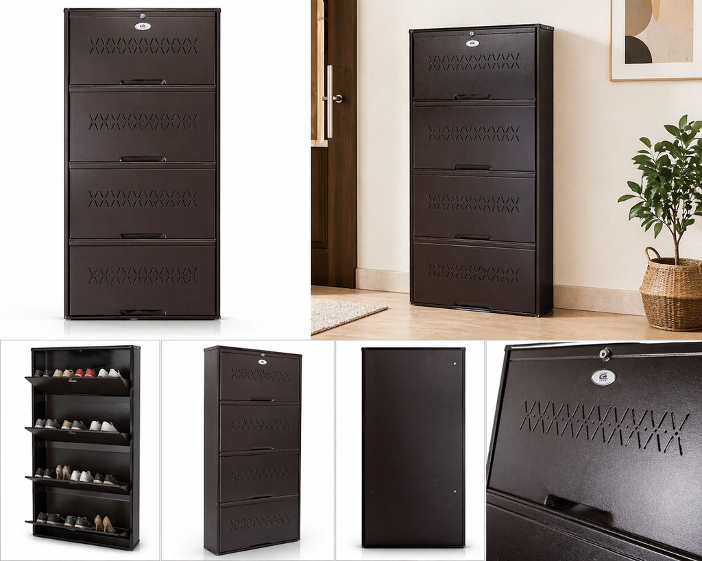 Shoe Cave 4-Door Metal Shoe Rack Cabinet | Coffee Brown | Lockable Shoe Organizer | Space Saving Shoe Storage Cabinet | Stores 12-16 Pairs